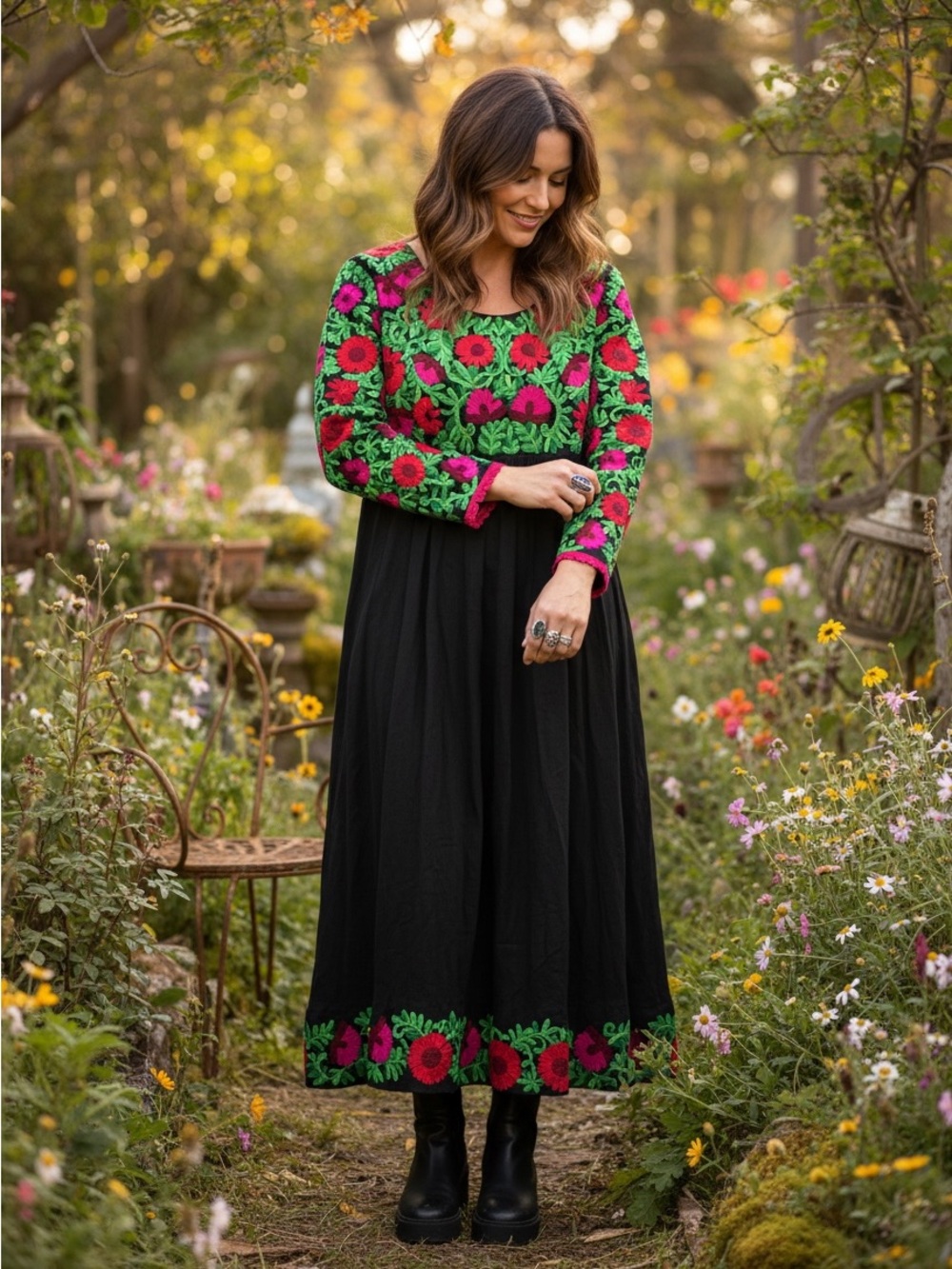 Vintage Y2K Level Eight India Embroidered Floral Black Maxi Dress Boho Folk